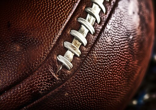 Detailed Macro Close-up of Leather Football with Laces and Stitching. Generative AI.