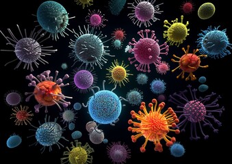 A Close-up of Pathogens and Viruses isolated on Black Background. Concept of pandemic. Generative AI.