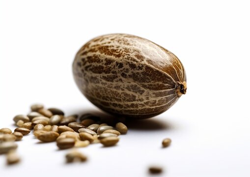 Macro Close-Up of a Single Marijuana Seed Isolated on White. Generative AI.