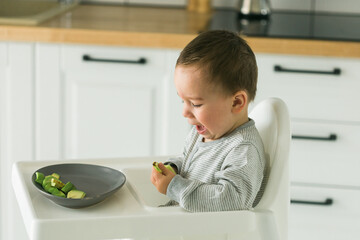 Happy baby sitting in high chair eating fruit in kitchen. Healthy nutrition for kids. Bio carrot as first solid food for infant. Children eat vegetables. Little boy biting raw vegetable.