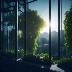 Foliage and futuristic landscape from office building window with amazing vista