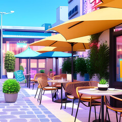 Hand painted photo realistic street cafe in anime style