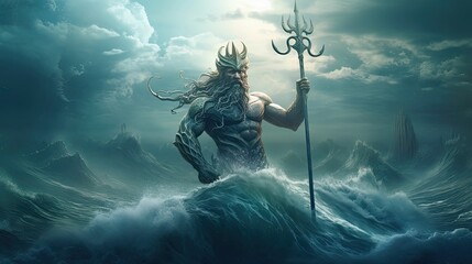 Neptune, the Roman God of the Ocean and Waterways by Generative AI - obrazy, fototapety, plakaty
