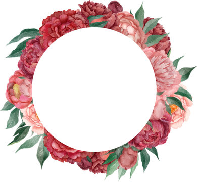 Hand-drawn wreath of pink flowers. Watercolor isolated composition with peonies.