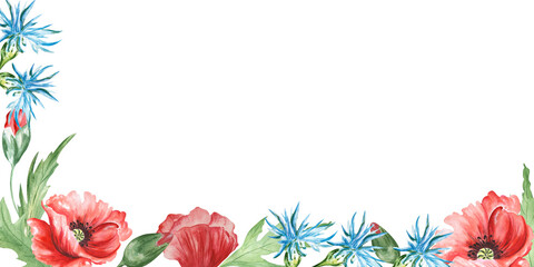 Watercolor postcard with poppies and cornflowers. Can be used on patterns, postcards, napkins, flower arrangements.