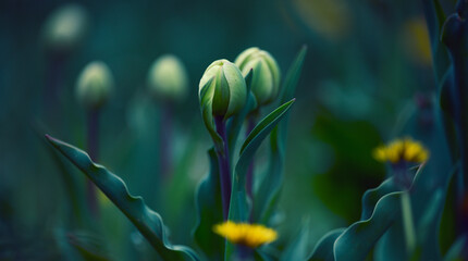 Unopened tulip in the park on a summer day