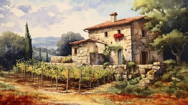 Watercolour painted illustration of Italy, Sicily or Provance vineyard with a beautiful rustic countryside cottage house. Postcard project no 3.