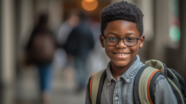 A Handsome Smiling, Happy, Young African American School Boy. Black Student With a Backpack at School Generative AI.	
