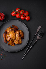 Delicious grilled potato slices with garlic, spices and herbs