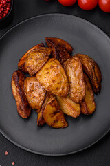 Delicious grilled potato slices with garlic, spices and herbs