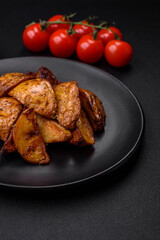 Delicious grilled potato slices with garlic, spices and herbs