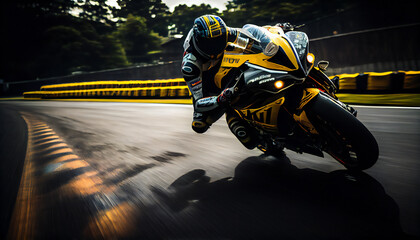 Road racing motorcycle in high speed into a curve, panning shot. Generative ai