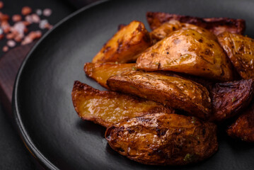 Delicious grilled potato slices with garlic, spices and herbs