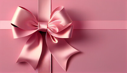 Pink gift ribbon and bow isolated horizontal on light pink background. Generative ai