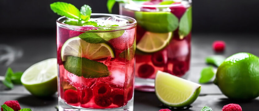 Raspberry mojito cocktail with lime, mint and ice, iced refreshing drink. Generative ai