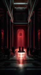 Dark room with pillars in front of it and sculptures in the style of light orange and light crimson. Beautiful red lighting volumetrics landscape. Generative AI