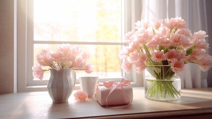 Pink flowers on the windowsill, in the style of romantic themes. Generative AI