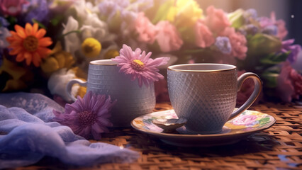 Obraz na płótnie Canvas Tea cup and coffee cup with flowers on it, in the style of soft-focused realism. Generative AI