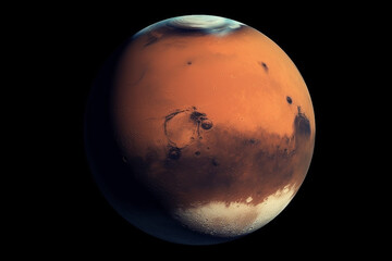 Planet Mars on black background. Generative AI illustration