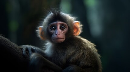Fototapeta premium A baby monkey clinging to its mothers back. AI generated