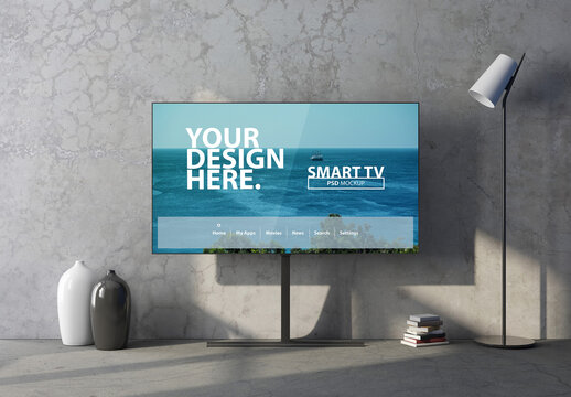 Large Smart Tv Mockup on metal stand in living room near concrete wall