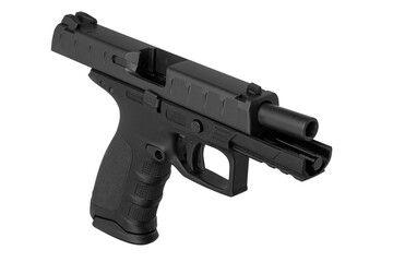 Modern semi-automatic pistol isolate on a white background. Armament for the army and police. Short-barreled weapon