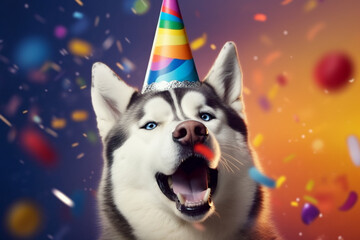 husky wearing a party hut smiling and having fun at a party with colorful background and confetti