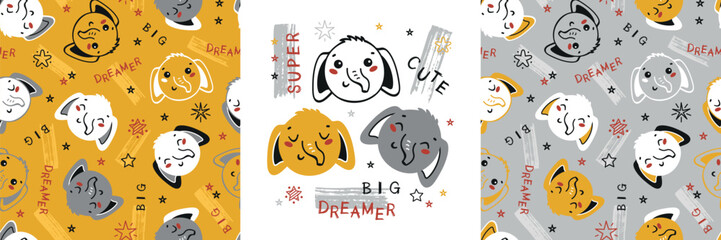 Set of Seamless Patterns and Poster with Cute Elephants. Childish Background with Baby Elephant Heads and Stars. Vector Funny Animal Face Drawing for Tee Print for Kids. Yellow, Gray, White Color