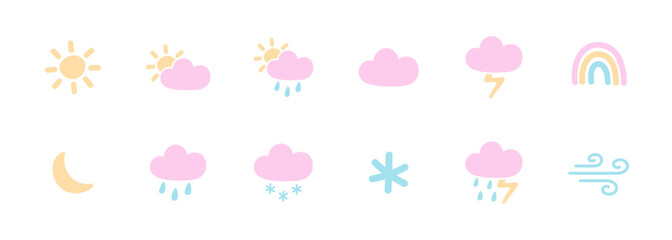 Set of 12 pastel weather icons. Can be used for web, apps, stickers. Isolated vector and PNG illustration on transparent background.	