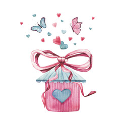 tiny love house with a bow, butterfly, hearts. watercolor illustration in pink magenta blue colors on a white background