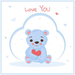 Love you card with bear and heart, blue, white, red