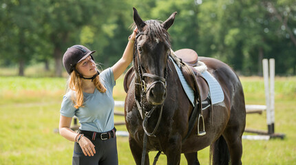 Obraz premium Young woman standing next the a beautiful brown horse on a meadow. Some obstacles for jumping are standing in the background.