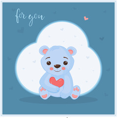 Card for you with bear and heart, blue, white, red