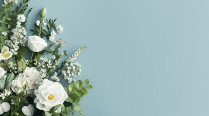 Obraz na płótnie Canvas Beautiful floral background featuring a mix of fresh white colours. Wedding card, celebration, voucher, congratulations. Illustration with copy space. Generative AI. 