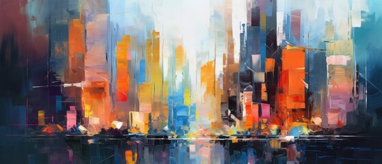 Abstract oil painting of a city with bold strokes. Graphic design art. Background with a skyscrapers. Exclusive wallpaper texture. Generative AI. 
