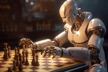 Artificial intelligence robot discovering the art of playing chess, Generative AI