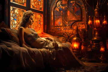 beautiful seductive blonde woman in lavish middle east style room with lamps and stained glass window