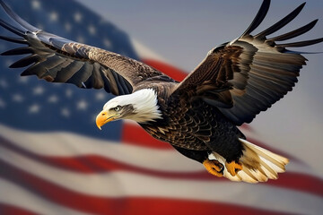 Naklejka premium Generative AI illustration. Bald Eagle in hat with American flag. United States of America patriotic wallpaper. Happy 4th Of July Independence Day card