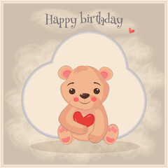 Happy birthday card with bear and heart with broun background
