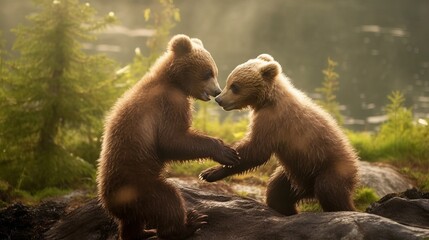 Fototapeta premium A brown bear cub play-wrestling with its sibling. AI generated