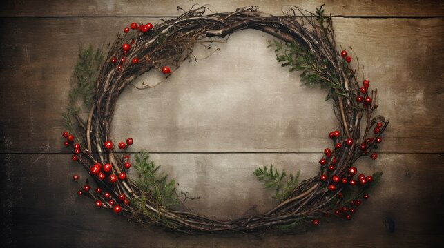 Rustic wood background with a wreath made of pine branch. Vintage pattern with copy space. Beautiful illustration. Generative AI composite. 