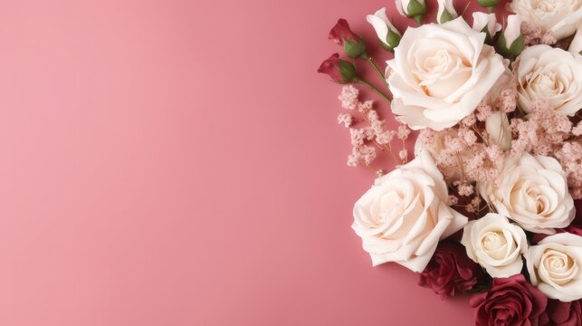 Romantic wedding floral background with a mix of whiete and deep red roses. Charming arrangement. Minimalist design, card, pink background with copy space. Generative AI. 