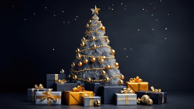 Sparkling gold and silver Christmas tree, set of gifts in boxes with golden ribbon. Gorgeous Christmas card, greeting, banner, web, wallpaper. Merry Christmas. Generative AI. 