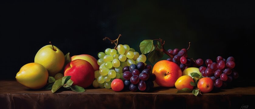 Still life of oil painting of various fruit on a table. Abstract background with fruit arrangement. Wallpaper texture, web, banner. Generative AI. 
