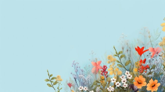 Whimsical floral background featuring a mix of coloured wildflowers. Field flower. Minimalist design, soft blue backdrop with copy space. Generative AI. 
