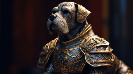 Obraz premium image generated by artificial intelligence, kneeling dog knight, portrait, finely detailed armor, intricate design, silver, silk, cinematic lighting, 4k