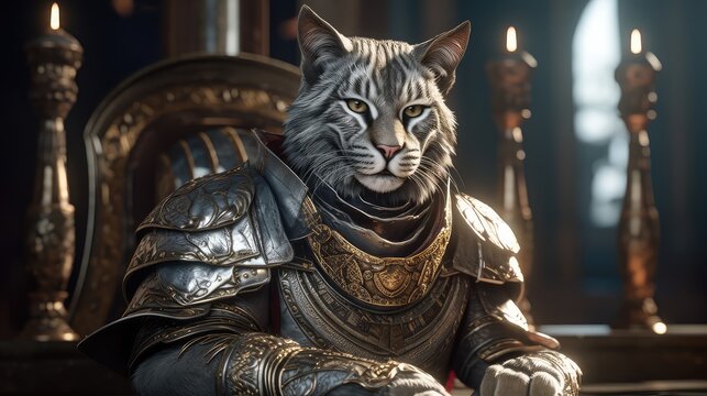 image generated by artificial intelligence, kneeling cat knight, portrait, finely detailed armor, intricate design, silver, silk, cinematic lighting, 4k