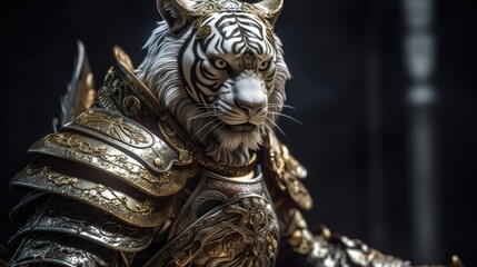 Fototapeta na wymiar image generated by artificial intelligence, kneeling human tiger knight, portrait, finely detailed armor, intricate design, silver, silk, cinematic lighting, 4k