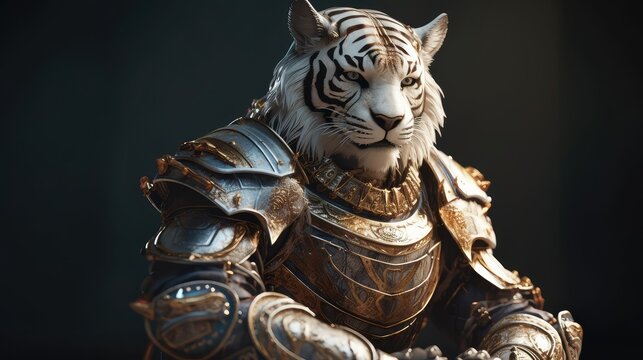 image generated by artificial intelligence, kneeling human tiger knight, portrait, finely detailed armor, intricate design, silver, silk, cinematic lighting, 4k