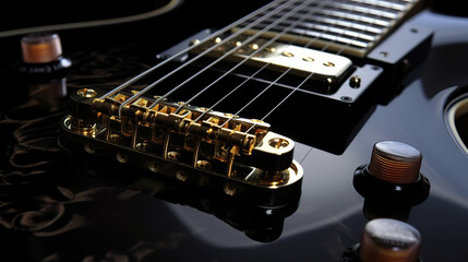 Fototapeta na wymiar Closeup black electric guitar on a dark background. Concept of rock music. Body of elegant electric guitar. 3D realistic illustration. Generative AI